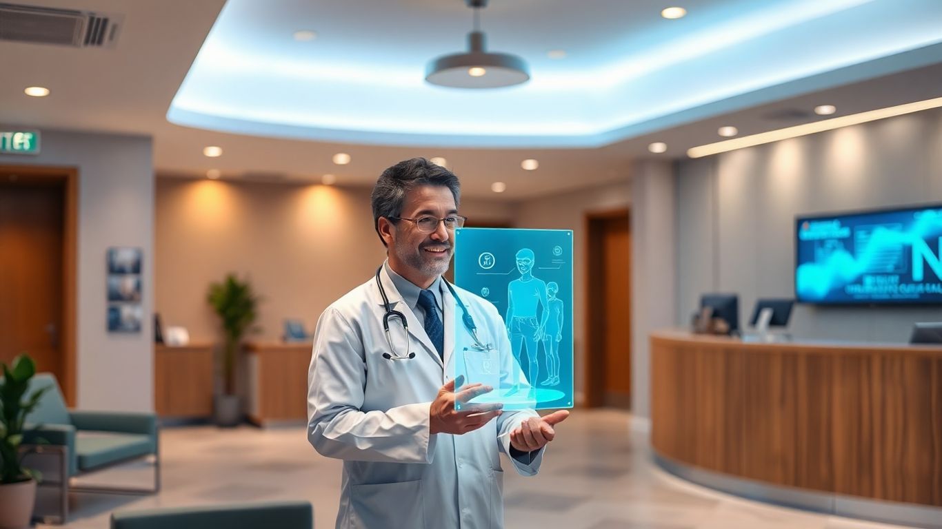 Doctor using holographic interface in a modern clinic.