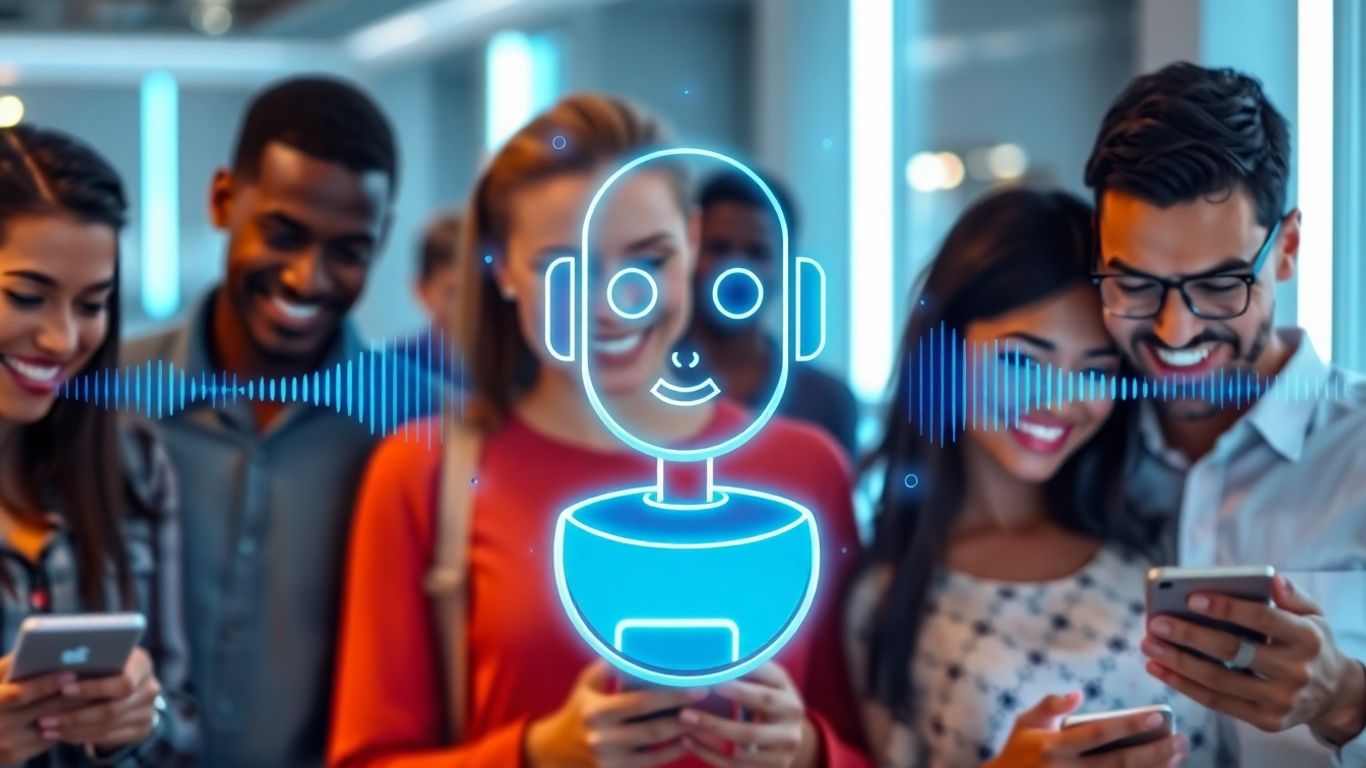 AI voicebot interface with happy customers using devices.