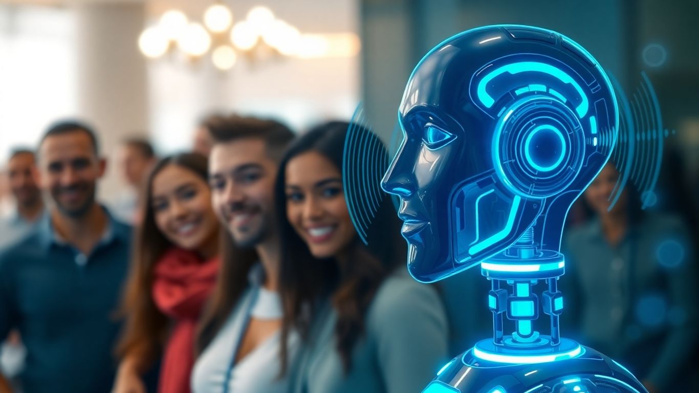 AI voicebot interface with customer support visuals.