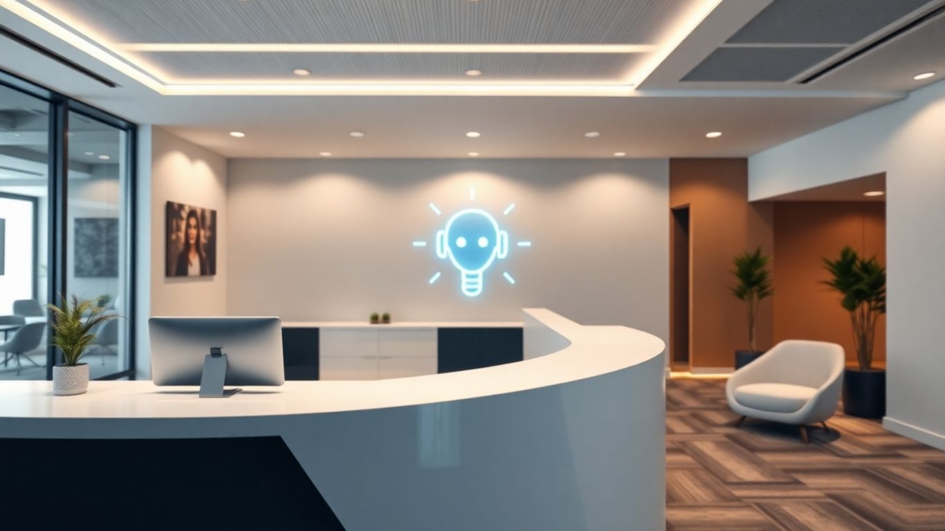 AI voicebot interface at a business reception desk.