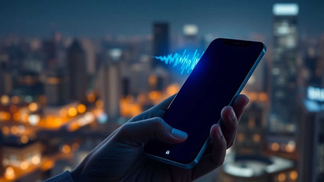Futuristic voice wave from smartphone, cityscape background.