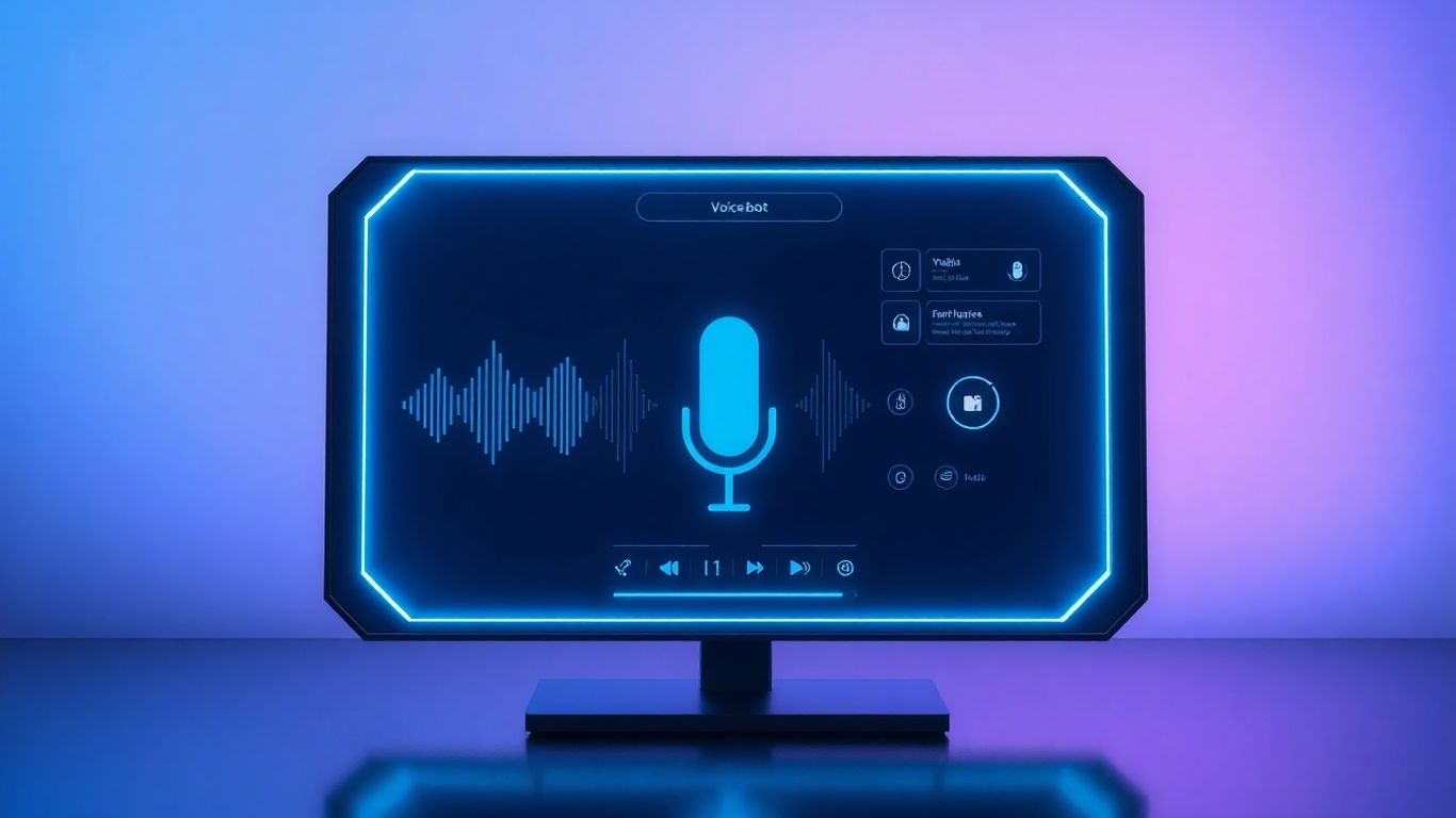 AI voicebot interface with soundwaves on a futuristic screen.