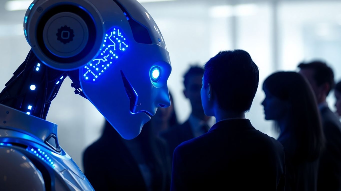 Robot head communicating with job applicants.