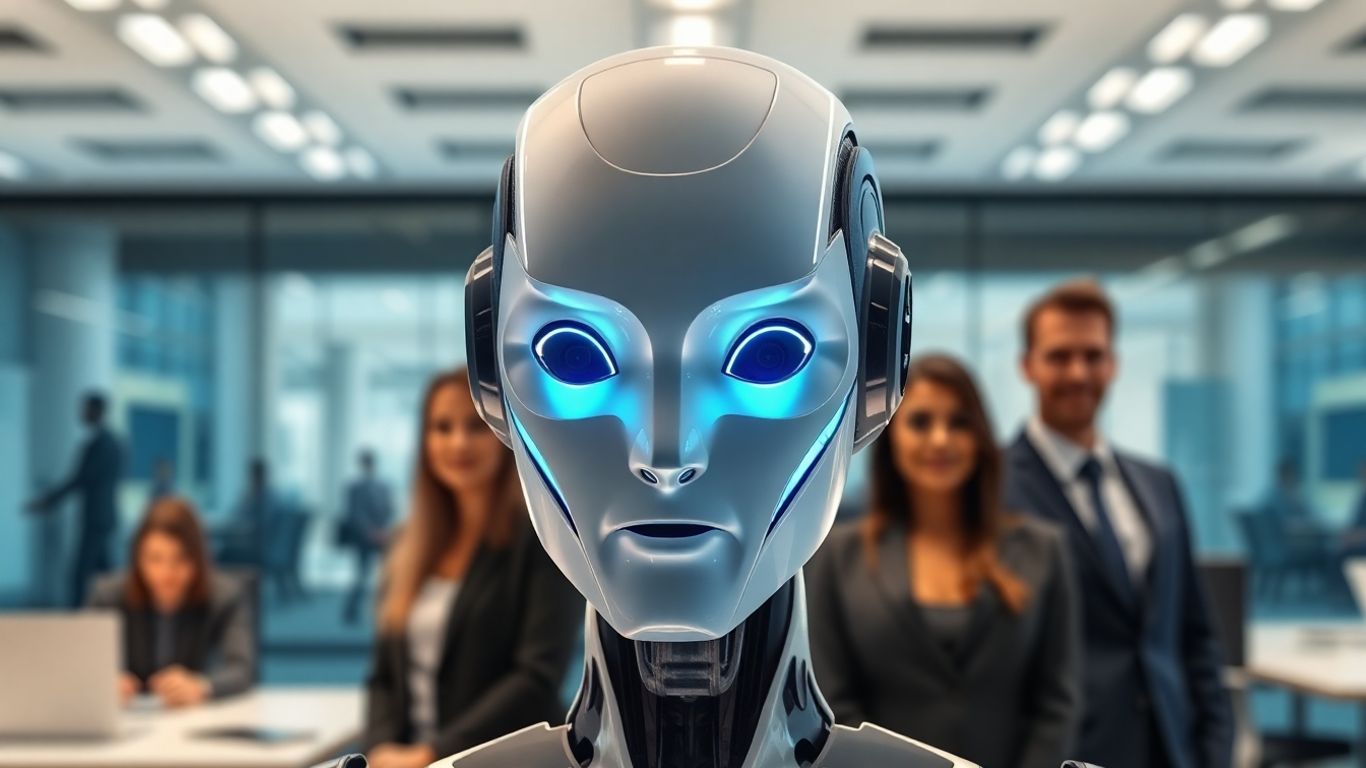 AI voicebot interacting with job candidates in an office.