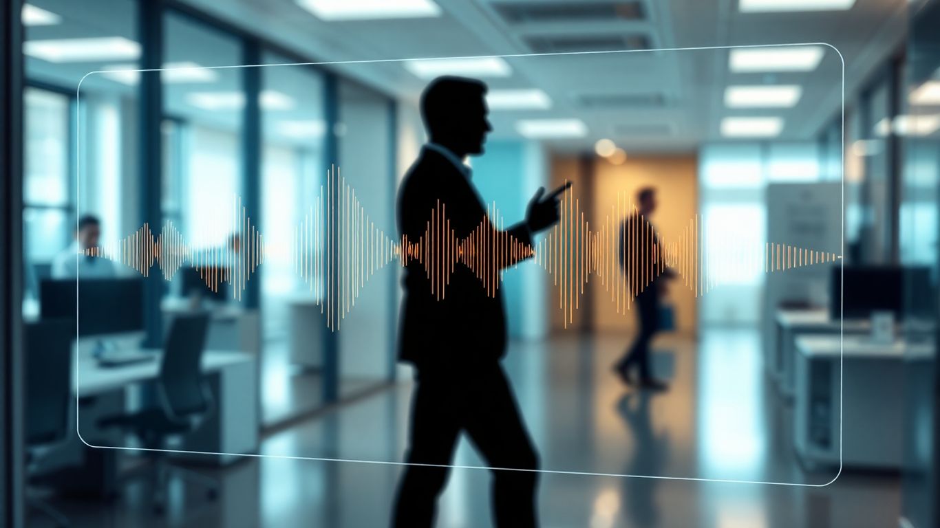 AI voicebot interface with sound waves and human silhouette.