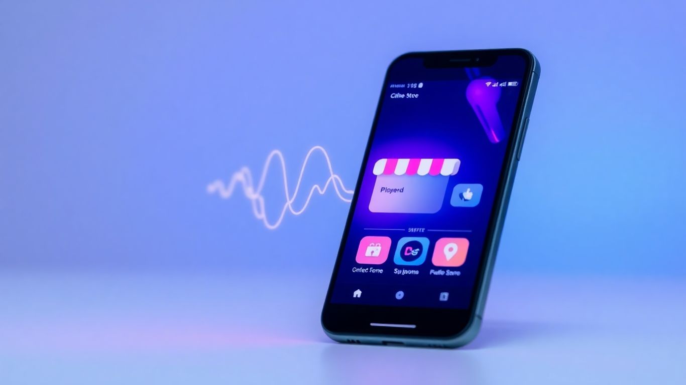 Smartphone showing e-commerce store with AI waveform.