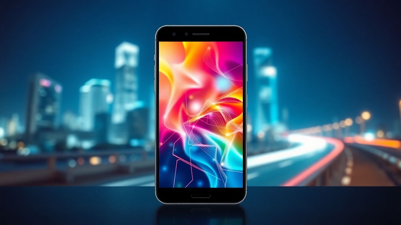 Smartphone with AI interface and futuristic cityscape background.