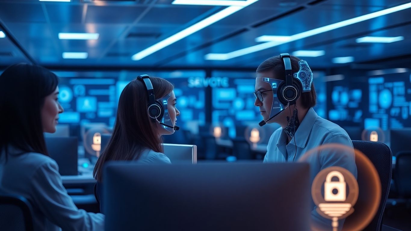 AI voicebots and human agents in a futuristic contact center.