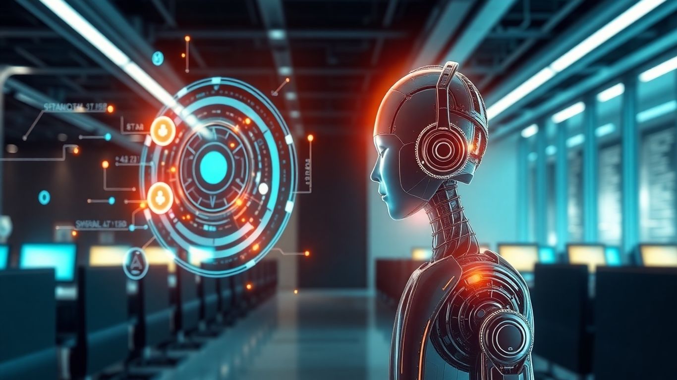 AI voicebot interface in a futuristic contact center.