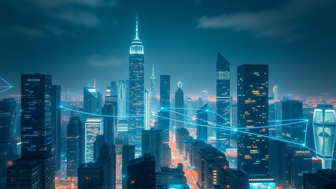 Futuristic cityscape with glowing data streams and AI visualizations.
