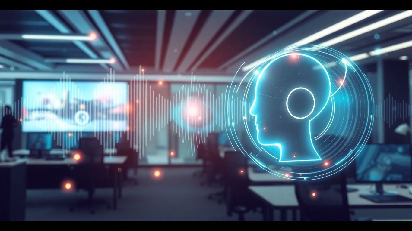 Futuristic AI voicebot interface with holographic elements.