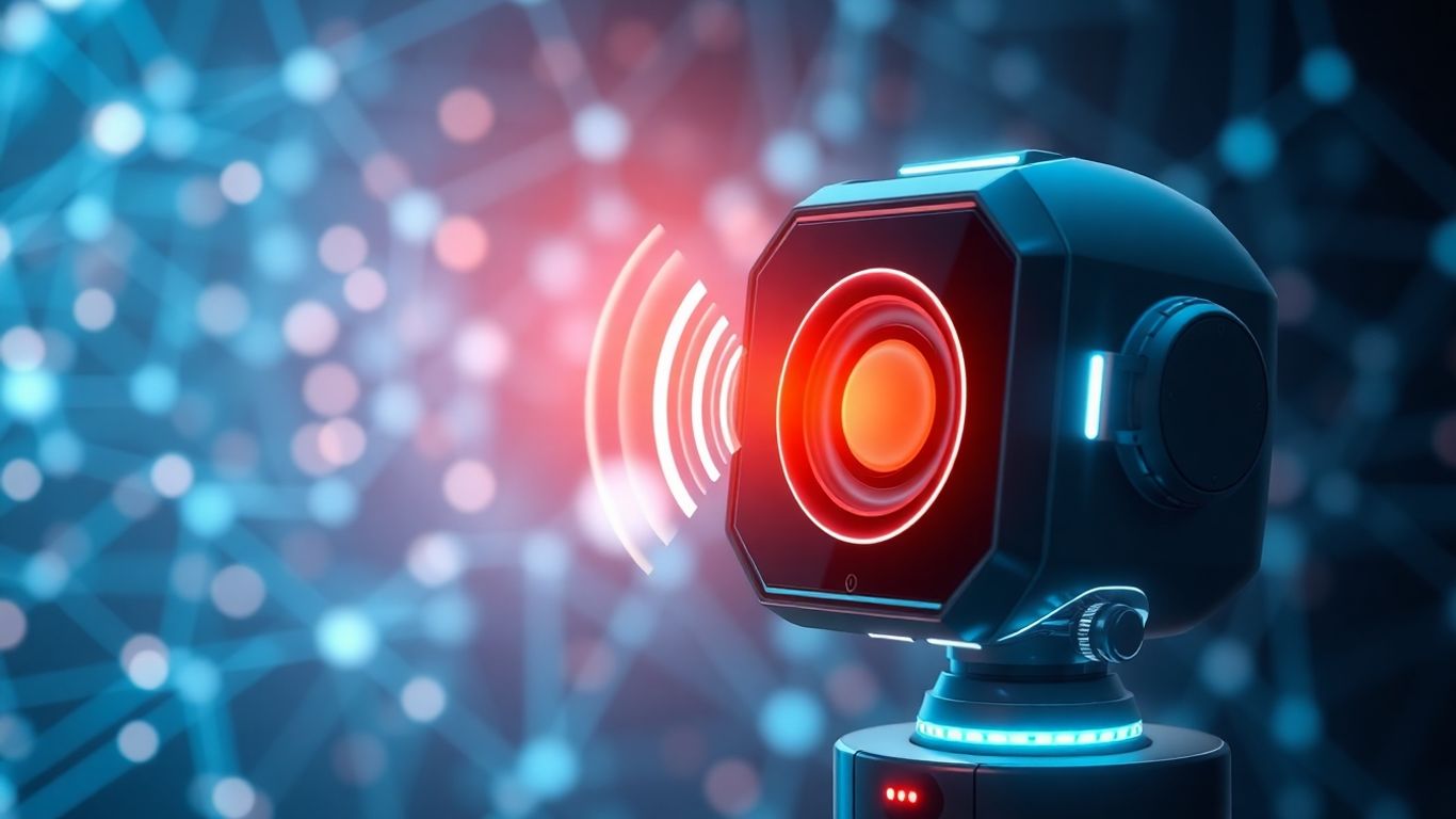 Futuristic AI voicebot interface with soundwaves and data streams.