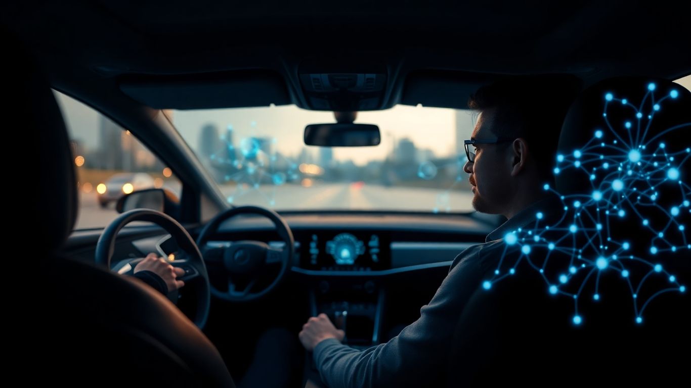Driver using AI voice assistant in a futuristic car interior.