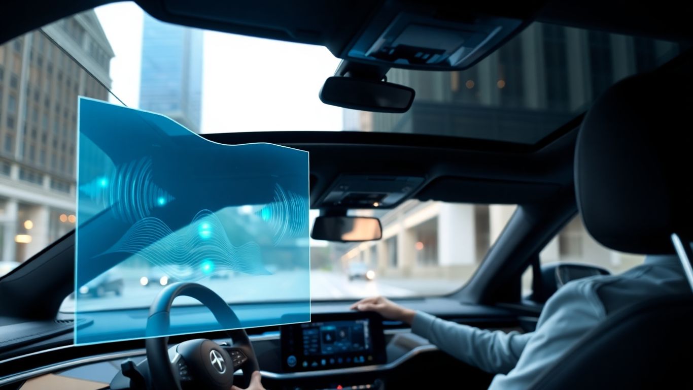 Driver using voice AI in a futuristic car interior.