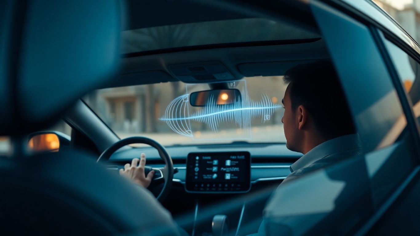 Driver using voicebot AI in a futuristic car interior.