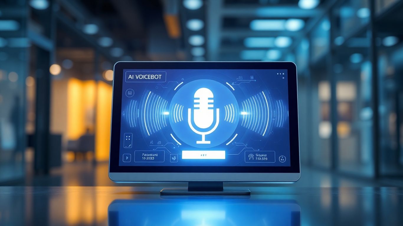 AI voicebot interface with soundwaves on a futuristic screen.