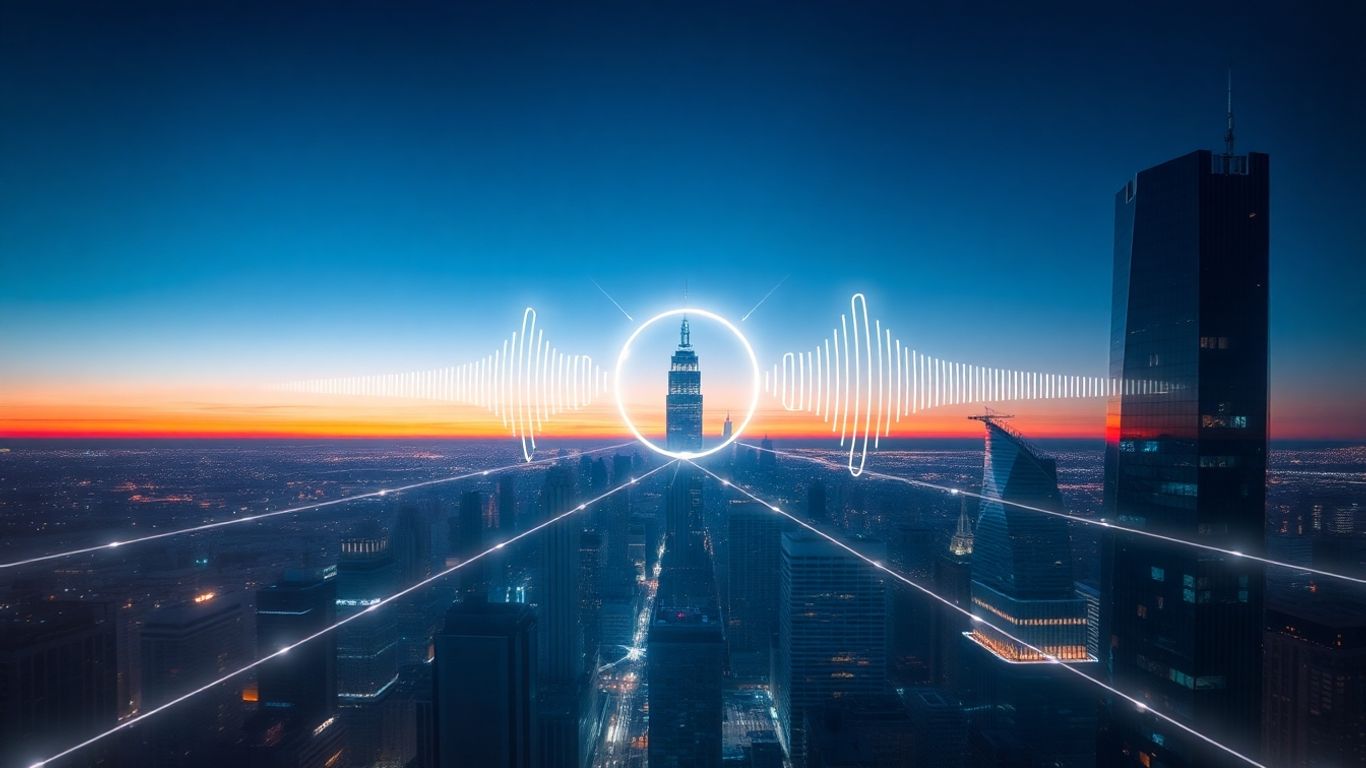 Futuristic cityscape with voice waves connecting buildings.