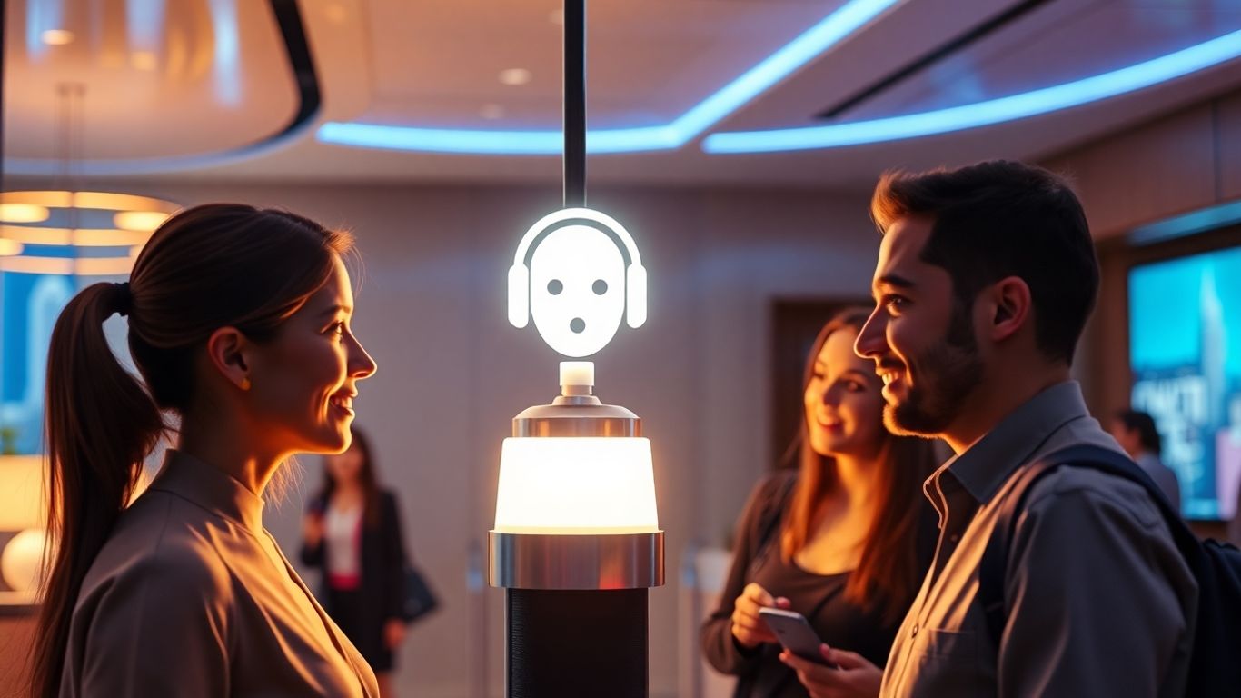 AI voicebot assisting travelers in a modern hotel lobby.