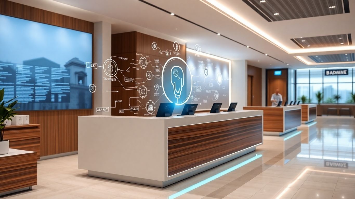 AI voicebot in a modern bank lobby.
