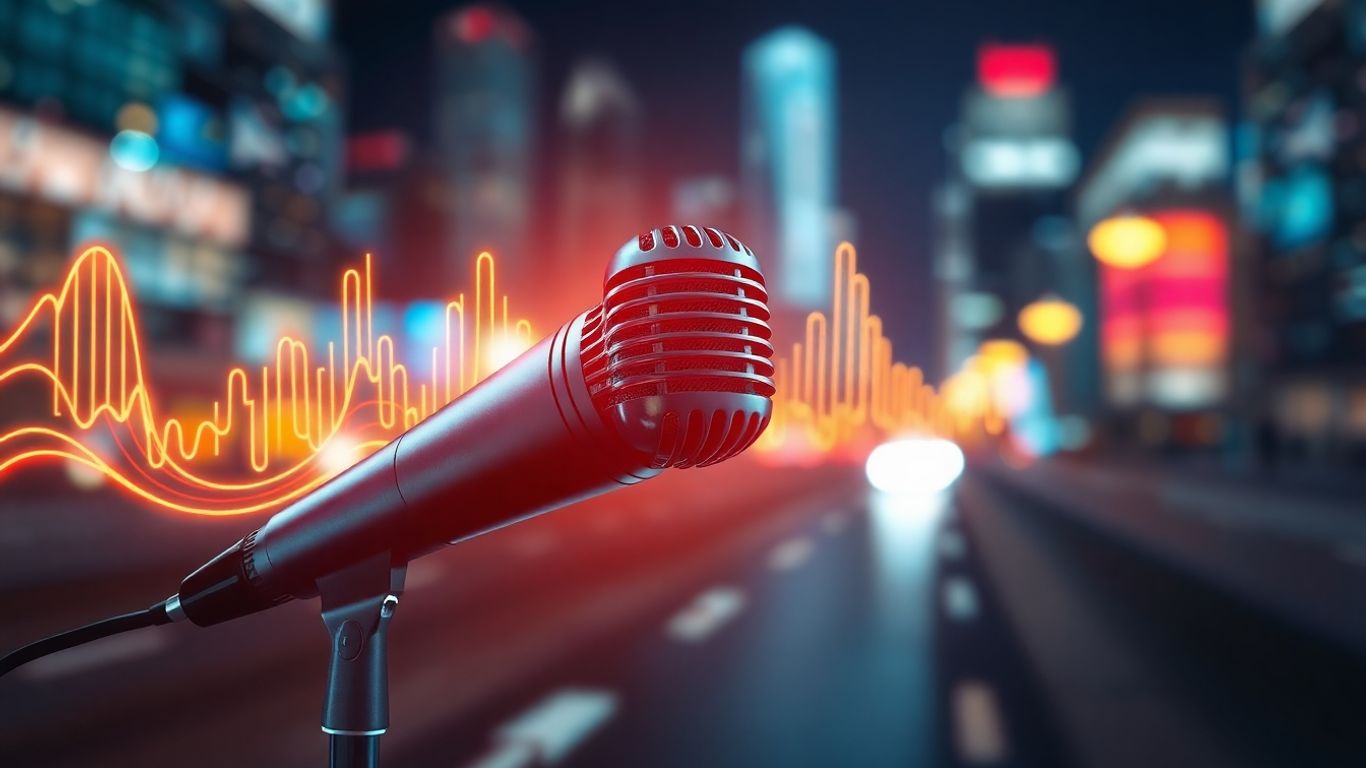 AI voicebot soundwaves and city lights