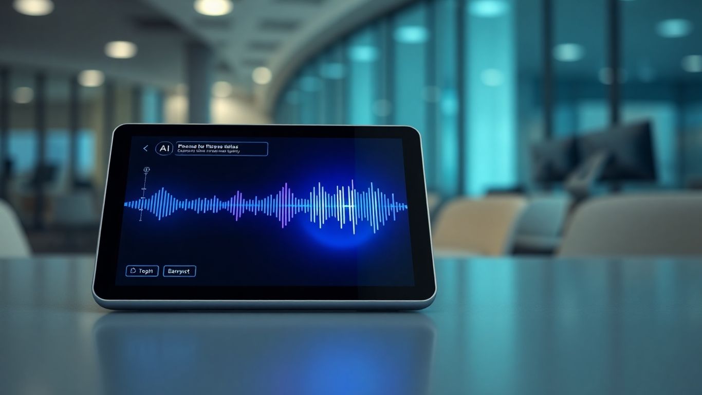 AI voicebot interface on a futuristic tablet