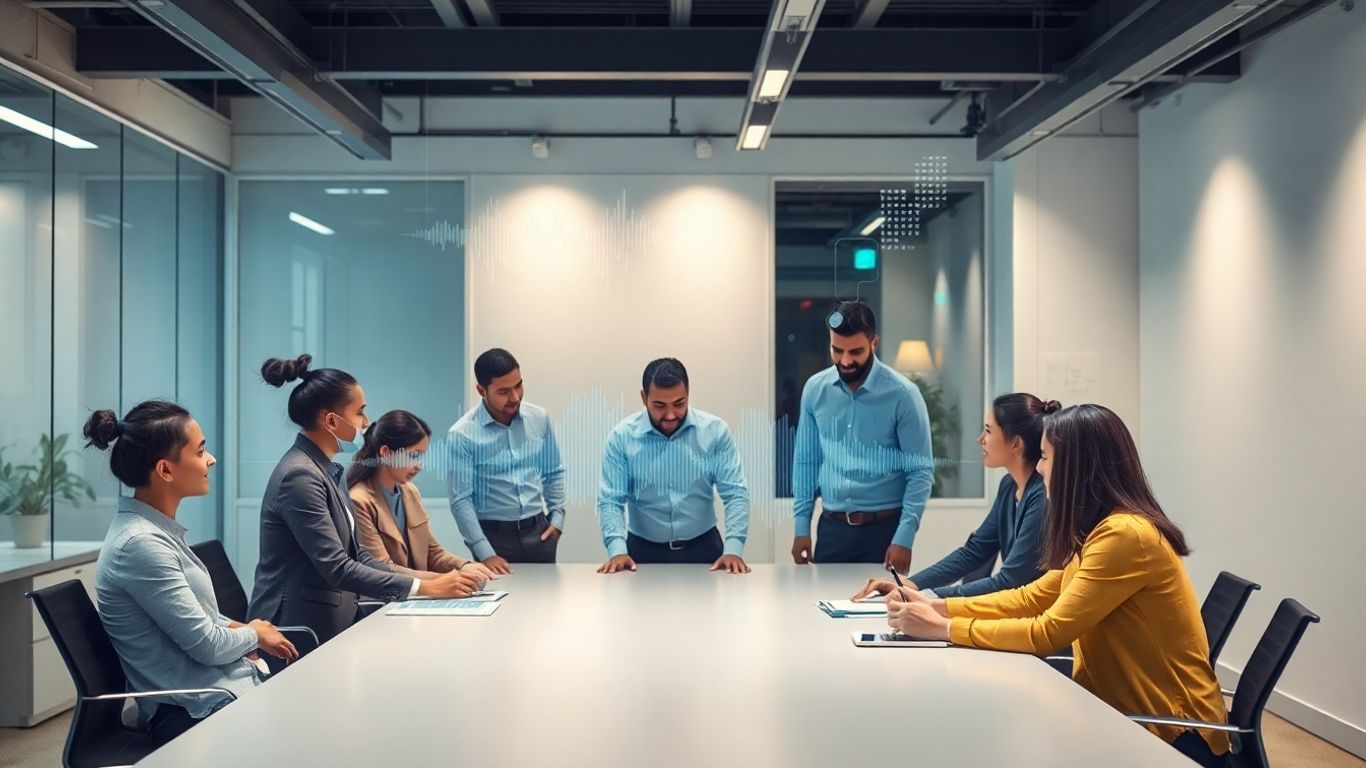 AI voicebot development team collaborating in modern office