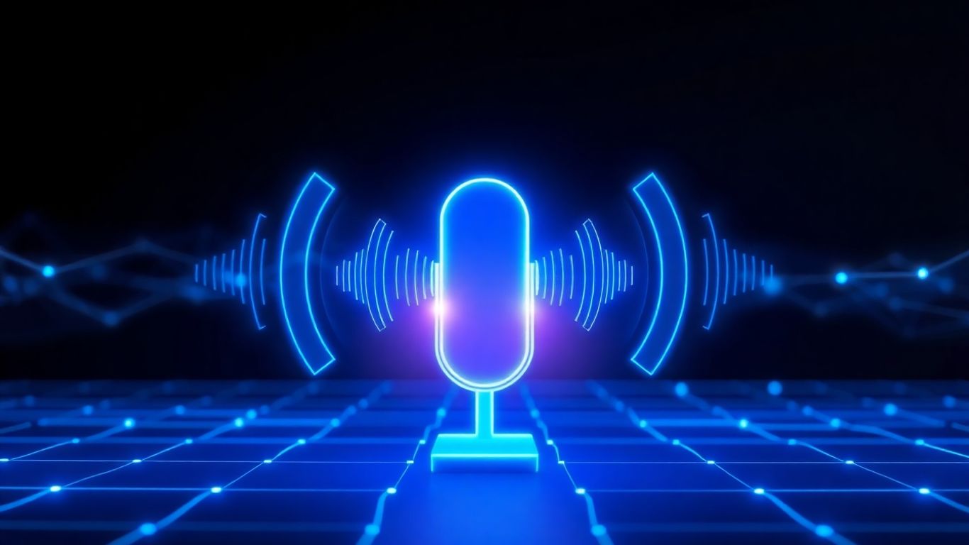 Futuristic voicebot interface with soundwaves and digital network.