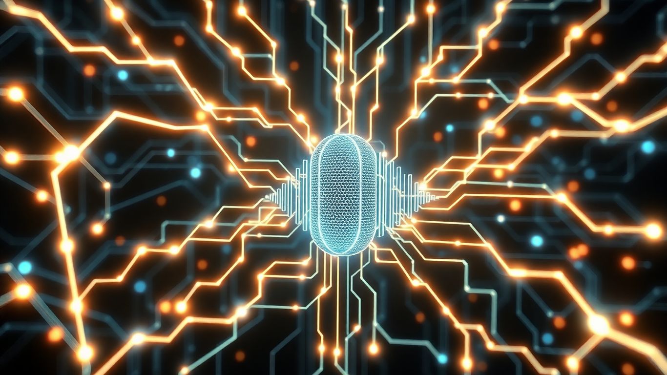 Futuristic AI neural network with sound waves.