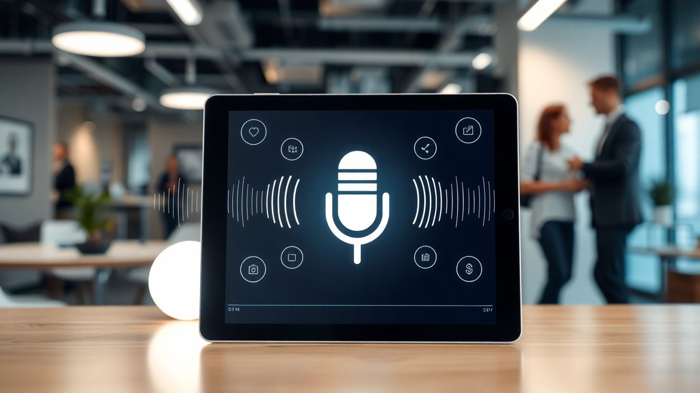 AI voicebot interface on tablet with soundwaves and real estate office.