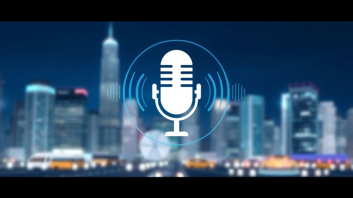 AI voicebot interface with sound waves and cityscape background.