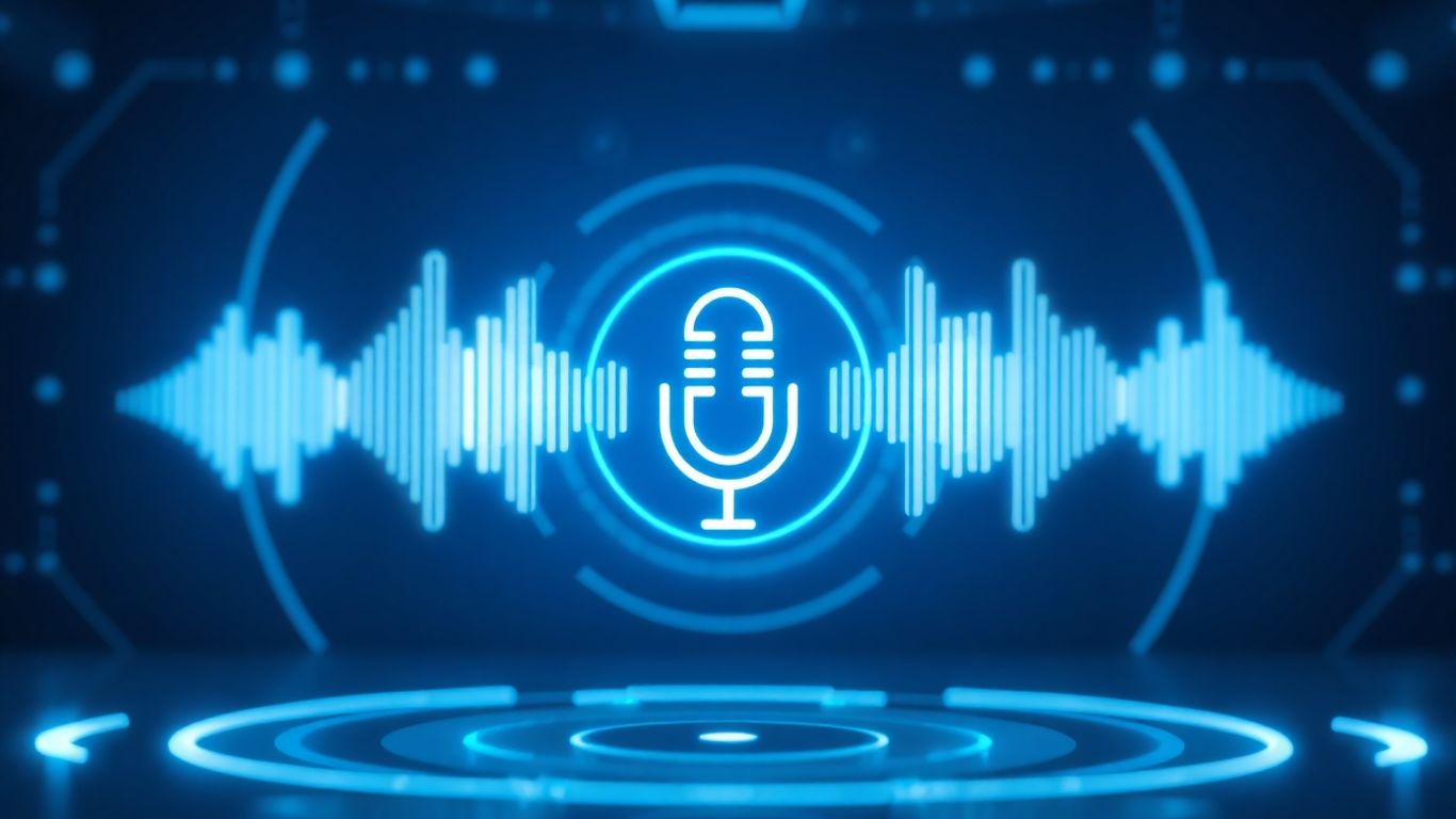 AI voicebot interface with soundwaves and microphone icon.