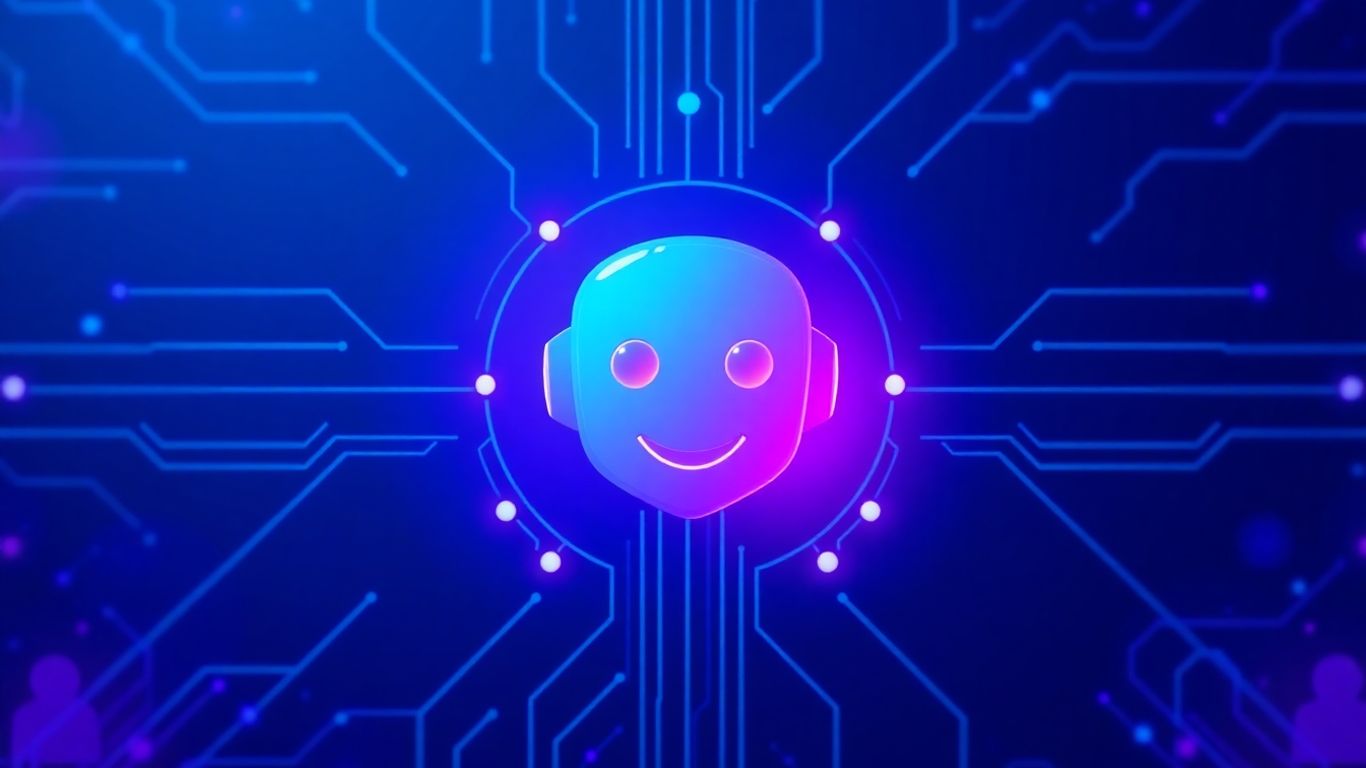 Futuristic AI interface with a friendly robot head.