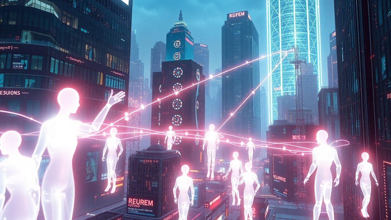 Futuristic cityscape with digital streams and robotic arms.