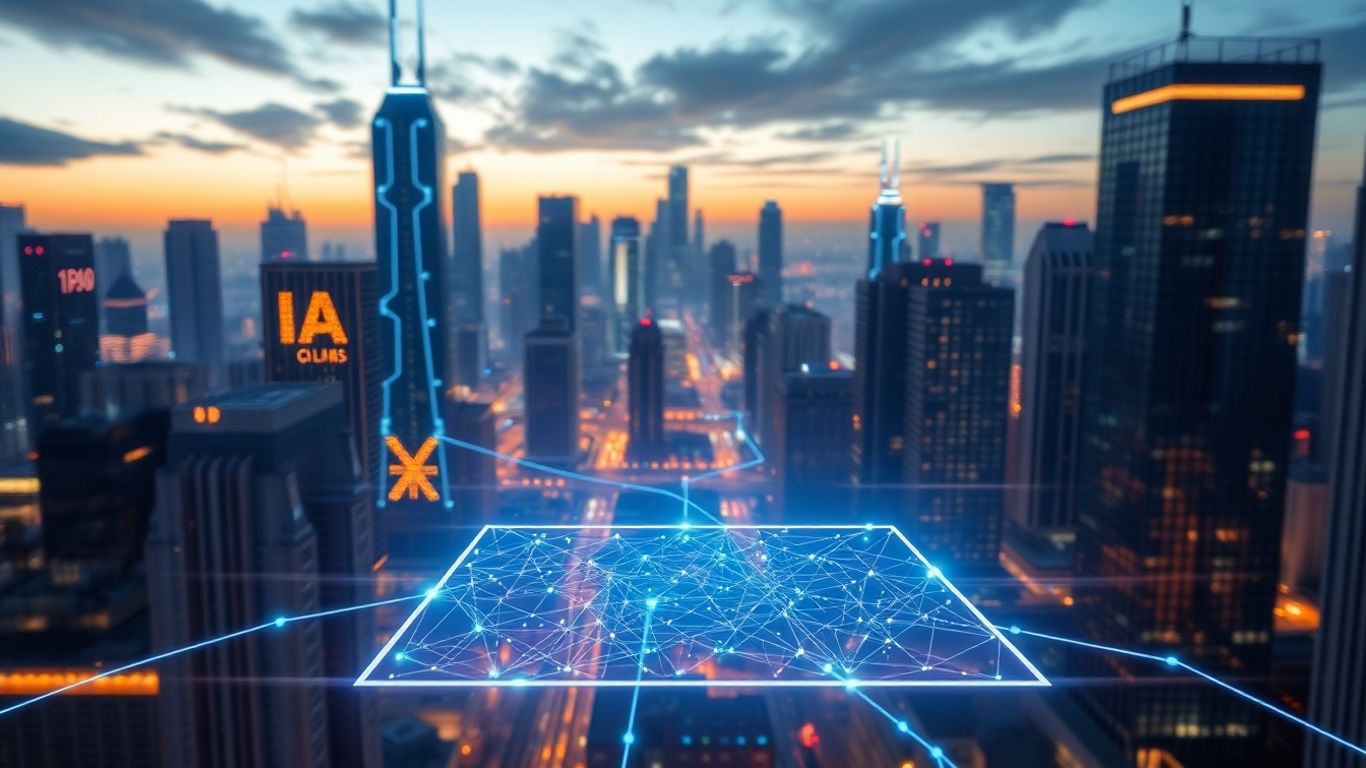 Futuristic cityscape with AI data connections.