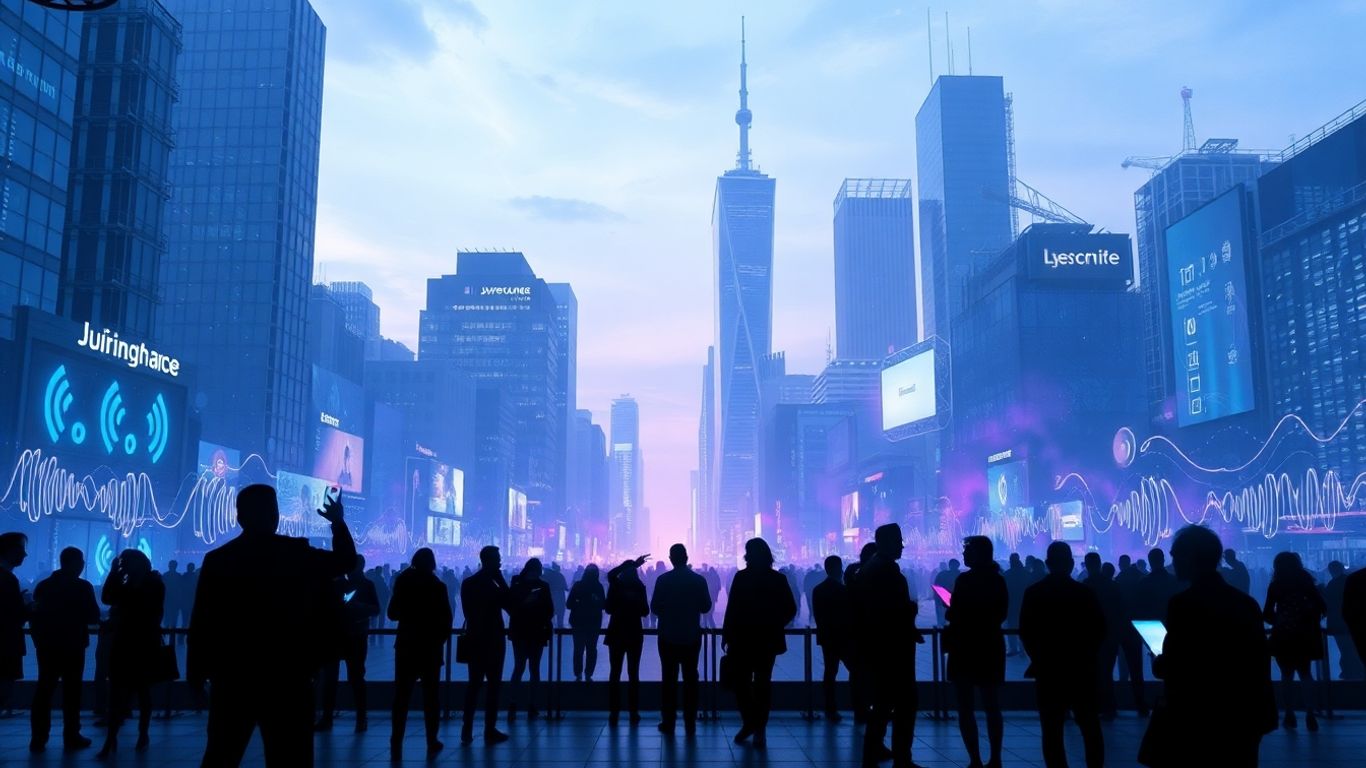 Futuristic cityscape with voice technology integration.