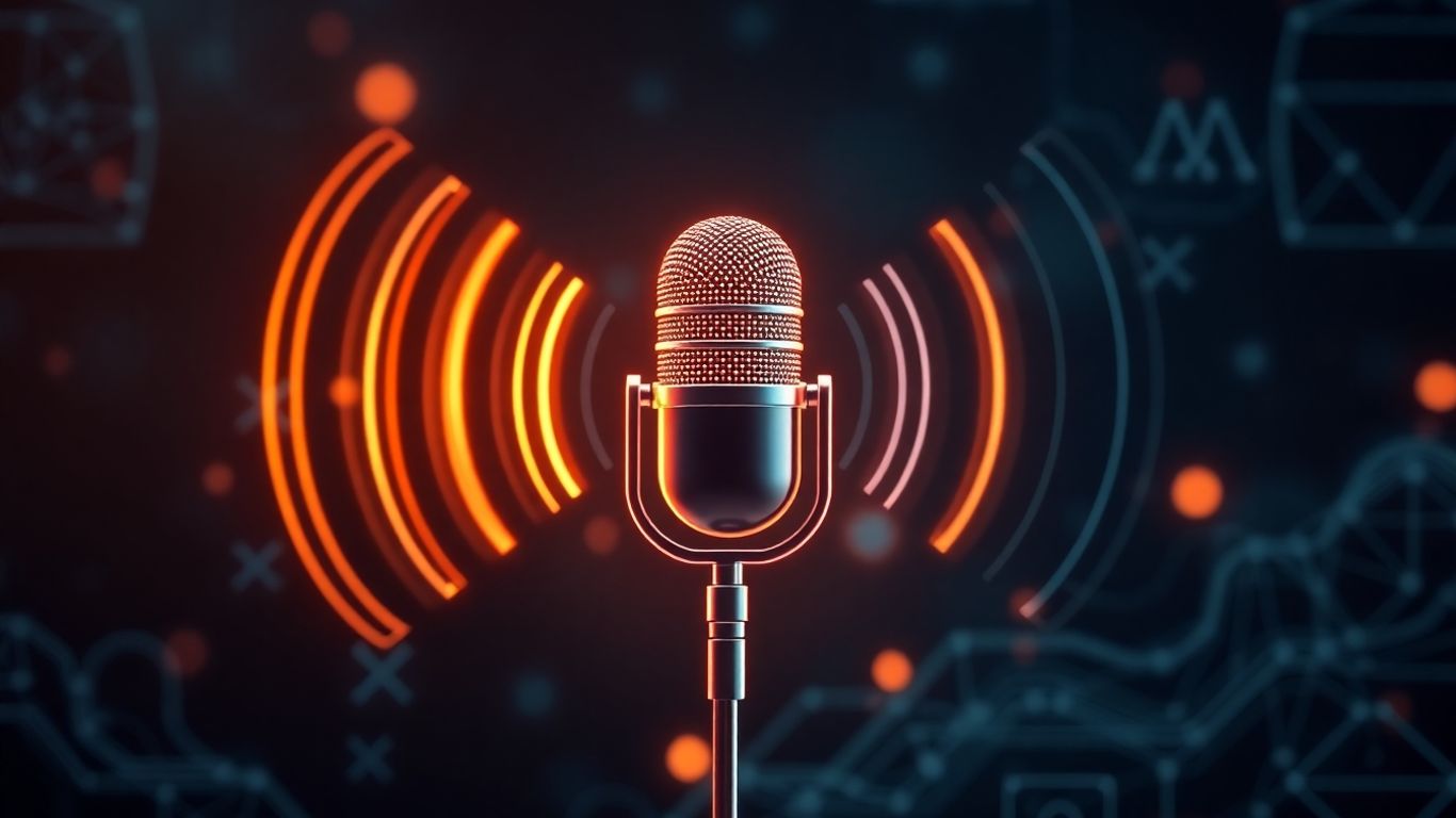 Voice assistant interface with sound waves and digital patterns.