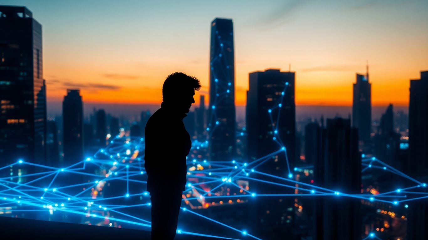 Futuristic cityscape with glowing AI network connections.