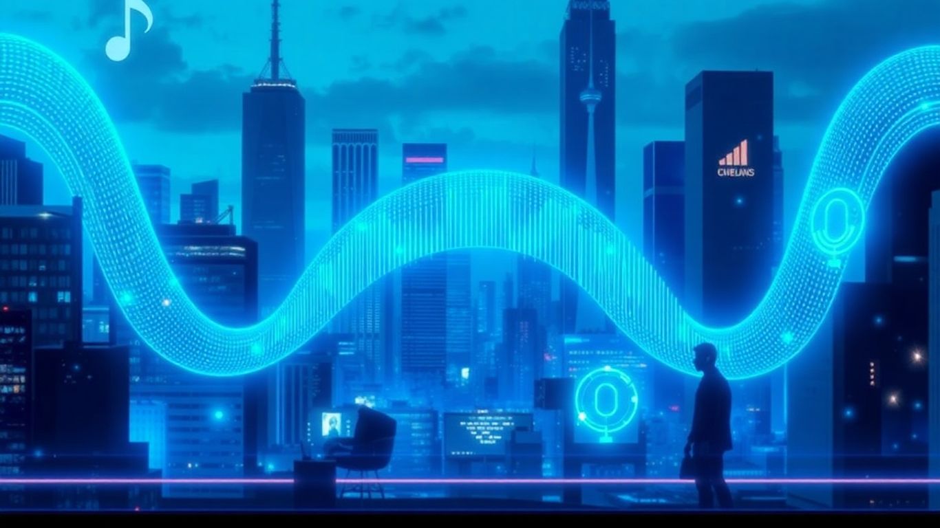 Futuristic voicebot AI cityscape with glowing blue waves.