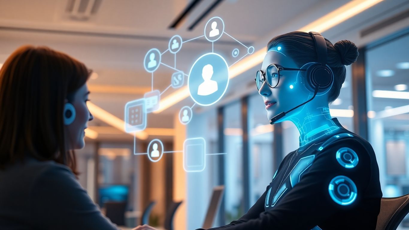 AI voicebot assisting customer in futuristic contact center