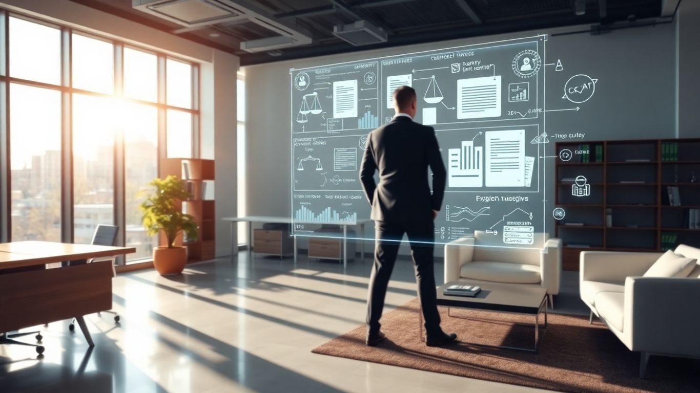 Lawyer using futuristic holographic interface in modern office.