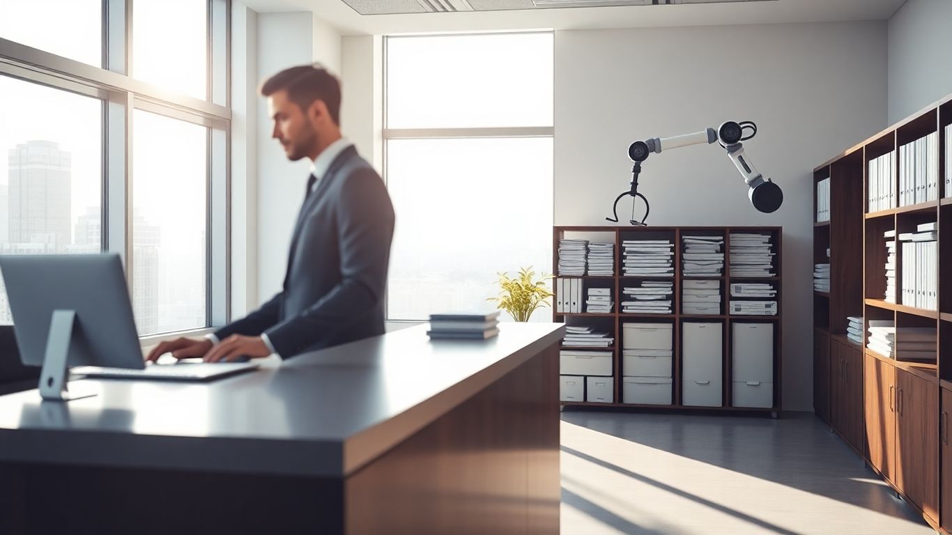 Lawyer using digital interface at reception desk with organized files.