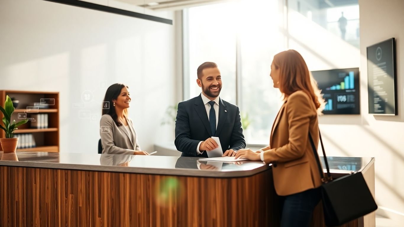 Lawyer and client at a modern reception desk.