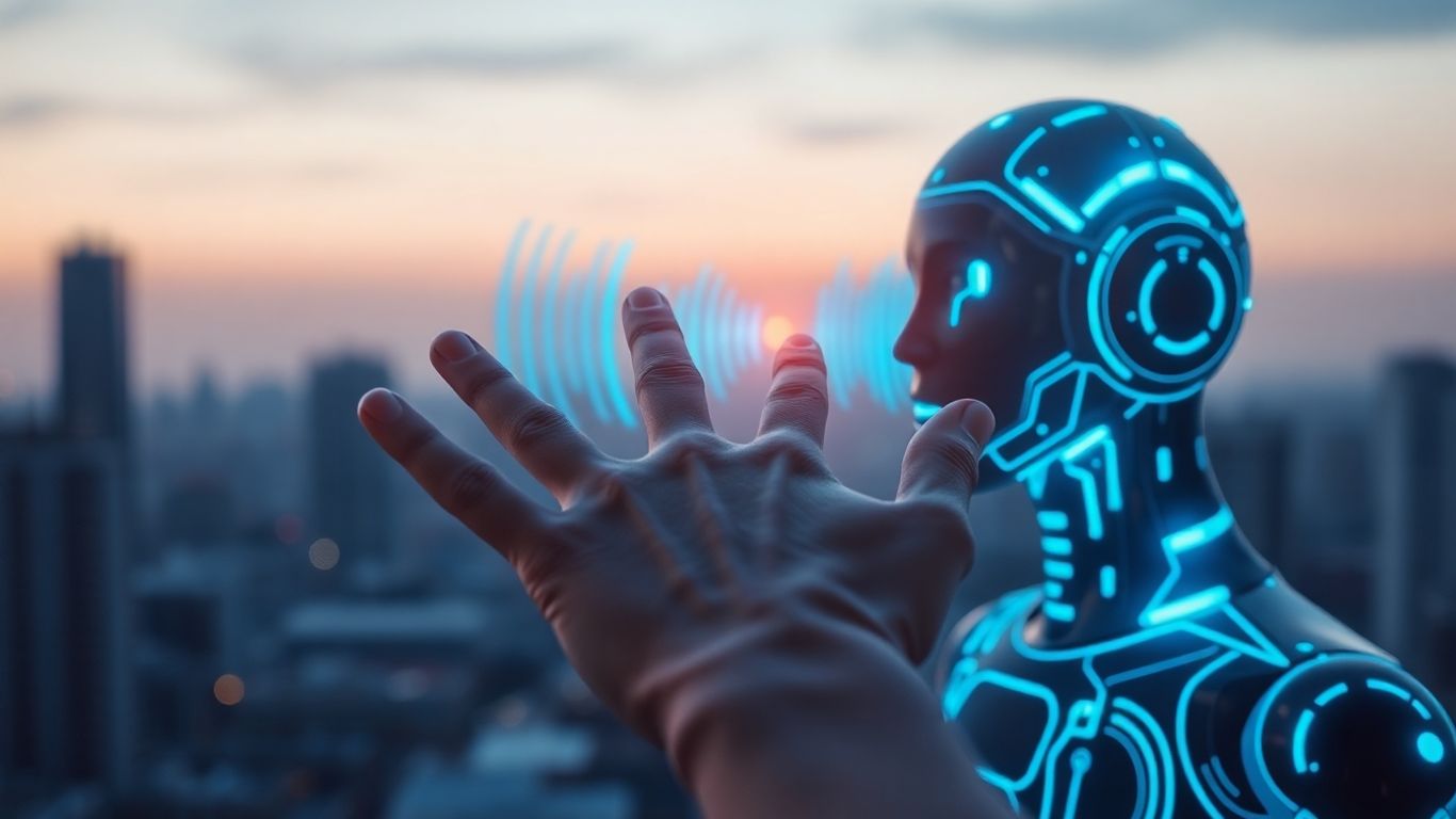 AI voicebot interface with soundwave and human interaction.