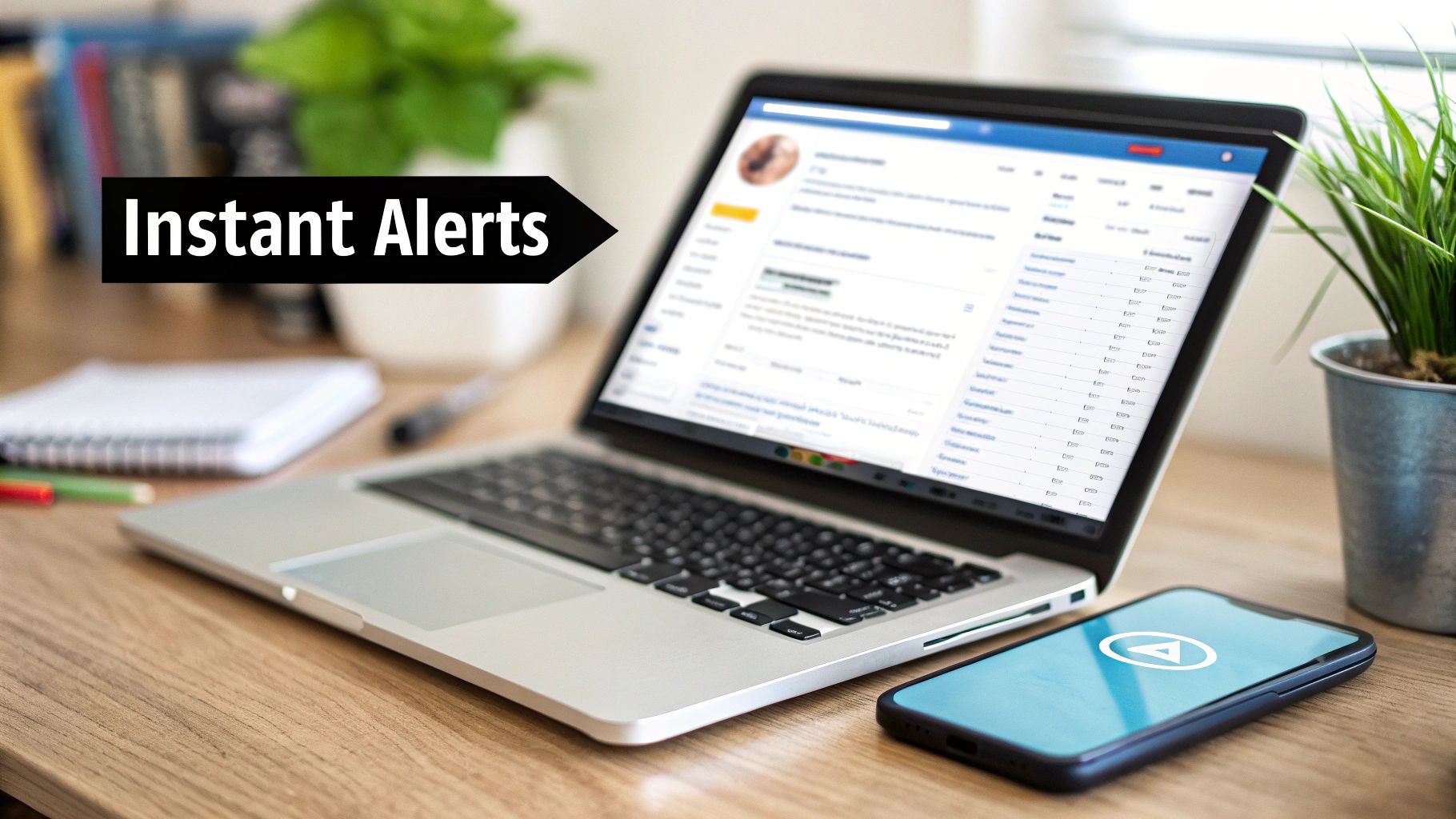 Laptop displaying email inbox with instant alerts notification and smartphone on wooden desk workspace