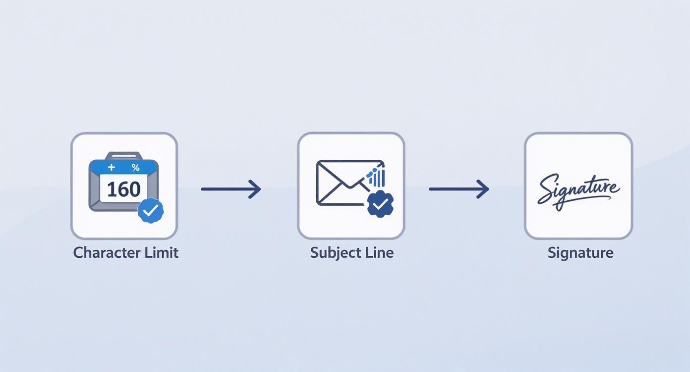 Email workflow diagram showing character limit, subject line optimization, and signature steps process
