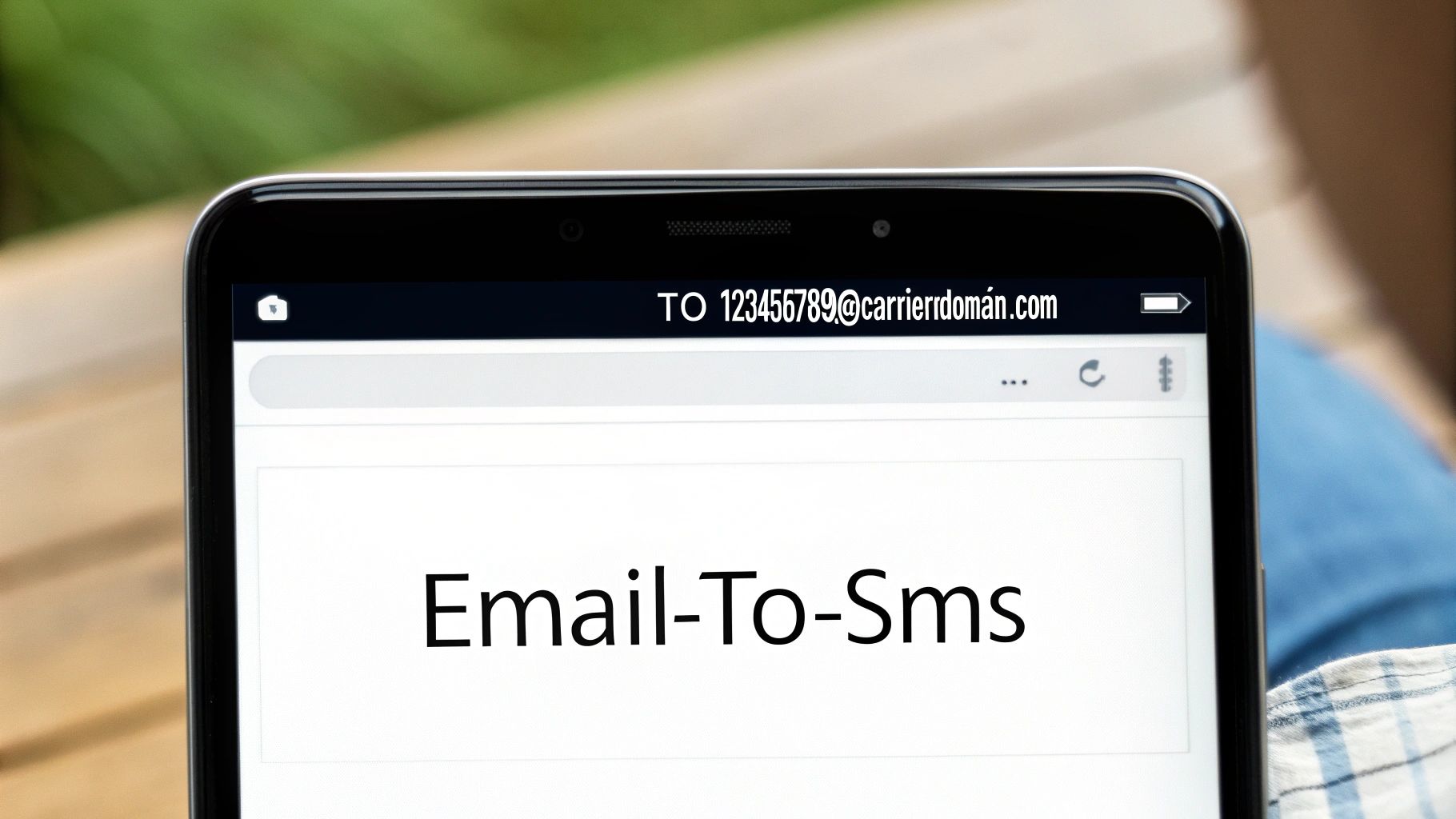Smartphone screen displaying email-to-SMS feature with recipient phone number at carrier domain address