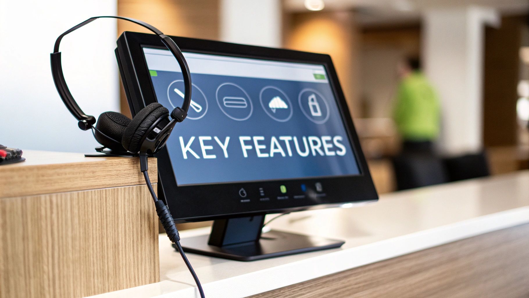 Black headphones rest on a wooden counter next to a monitor displaying 'KEY FEATURES' and icons.