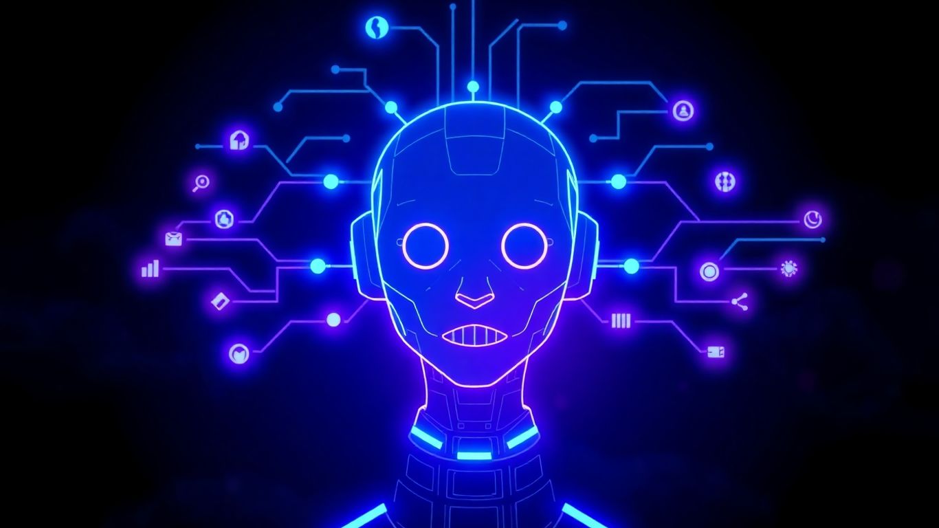 Futuristic AI chatbot interface with glowing data streams.