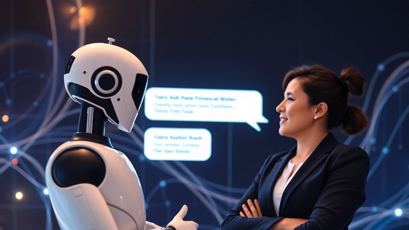Chatbot interacting with financial professional, digital background.