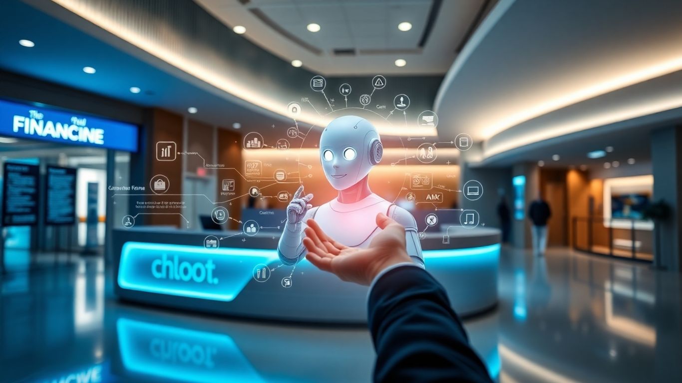 Financial chatbot interface in a modern bank lobby.